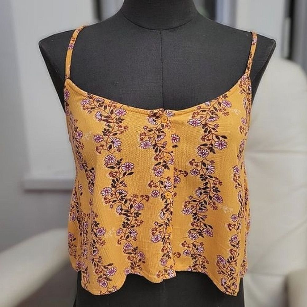 Monk & Lou saffron yellow floral print button front ruffle crop tank